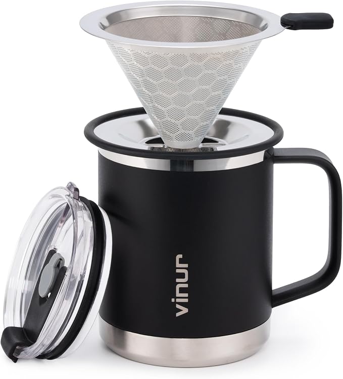 Pour Over Coffee Maker-12 oz Insulated Mug With Stainless Steel Filter | Stainless Steel Vacuum Insulated Coffee Maker With Stainless Steel Filter for Home, Camping, Gift for Men & Women (Black)