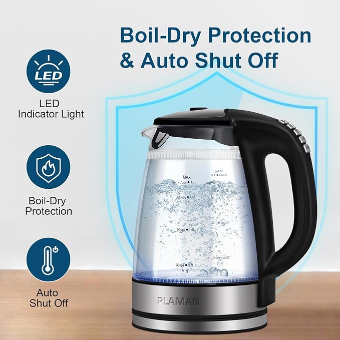 Cool Touch Electric Kettle with 6 Temp Presets for Tea/Coffee | 4H Keep Warm, Borosilicate Glass Inner Wall and PC Outer Wall, BPA free, 1.7L 1500W Fast Boil for Home/Office