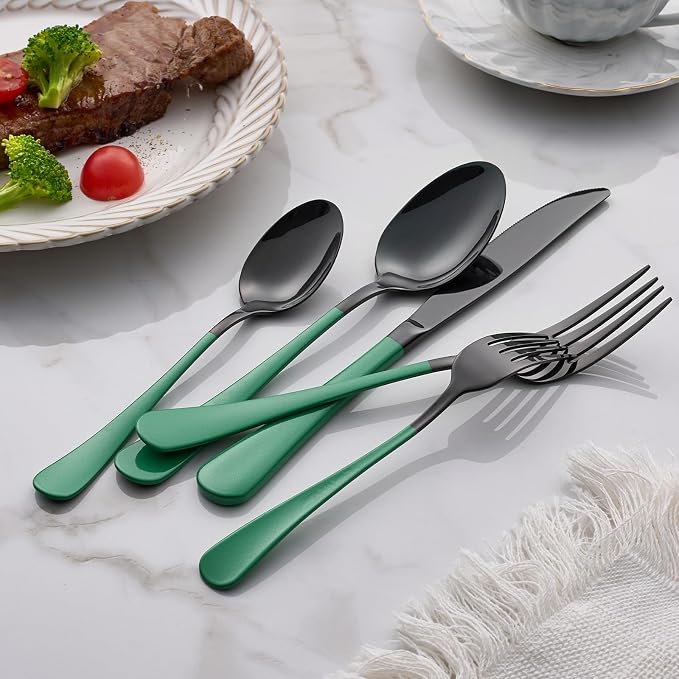 20-Piece Green Silverware Set 18/0 Stainless Steel Silverware Set Green Handle Cutlery Black Set Service for 4 Dinner Knives Forks Spoons Set Flatware SetFinish Dishwasher Safe