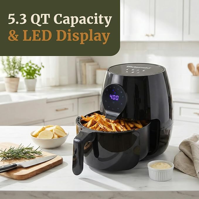 Elite Gourmet EAF5317D 5.3Qt Air Fryer, PFOA/PTFE Free, 1350W, Black | Digital, 7 Menu Functions, Oil-Less Healthy Hot-Air Cooking, Timer & Temperature Controls