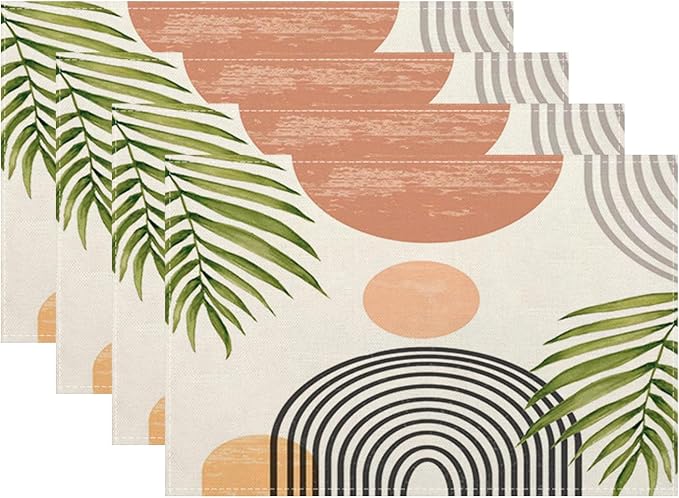 Mid Century Placemats Set of 4, Boho Abstact Sunset Leaf Stripe Decorative Table Mat 12 x 18 Inch Heat Resistant Non Slip Line Fabric Summer Place mat for Holiday Party Kitchen Dining Decor