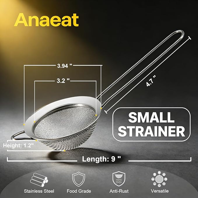 Anaeat Fine Mesh Strainers - Premium Stainless Steel Colander Sieve Sifters, with Durable Mesh and Sturdy Handle, Excellent for Sifting Dry ingredients, Flour, Pastas, Rice, Tea (3.94"）