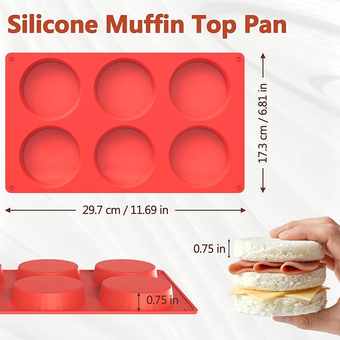 Redfly Silicone Egg Molds for Breakfast Sandwiches 2 Pcs, Non Stick 3 Inch Egg Bites Baking Pans, Silicone Muffin Pans for Baking, Round Muffin Top Pan for Whoopie Pie Pan, Tarts, Quiche