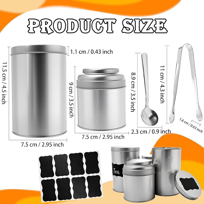 12 Pack Airtight Tea Tin Canisters Silver Metal Tea Storage Containers with Double Lids Includes 10 Labels 1 White Marker 6 Spoons and 6 Tongs for Loose Leaf Tea Coffee Sugar Spices, 2 Sizes