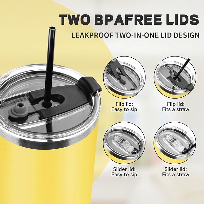 30 oz Tumbler with Lids and Straws, Stainless Steel Insulated Coffee Tumbler, Double Wall Vacuum Insulated Travel Mug Cup, Leakproof Thermal Coffee Cup for Hot and Cold Drinks (Yellow)