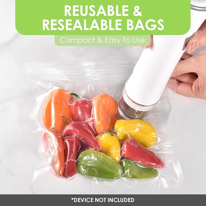 Reusable Vacuum Sealer Bags for Food, 20 BPA-Free Medium (8 x 8in) Food Storage Bags, Freezer, Odor-Resistant, Leak-Proof, Compatible with Vacuum Sealers