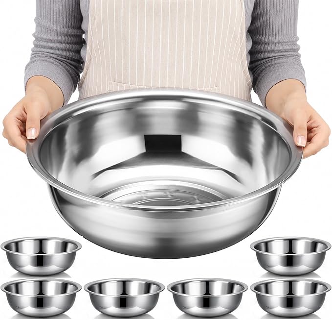 6 Pcs Stainless Steel Mixing Bowls Metal Mixing Bowls Extra Large Basin Salad Bowl with Deeper Edge, Dishwasher Safe, Mirror Finish for Home and Commercial, Silver (13 Inch 7 Qt)