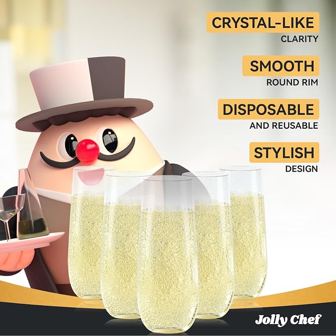 JOLLY CHEF 24 Pack 9 oz Stemless Plastic Champagne Flutes Crystal Glasses | Clear Stemless Plastic Toasting Glasses, Disposable Unbreakable Drinkware Ideal for Wedding, Birthday, Party, Thanksgiving