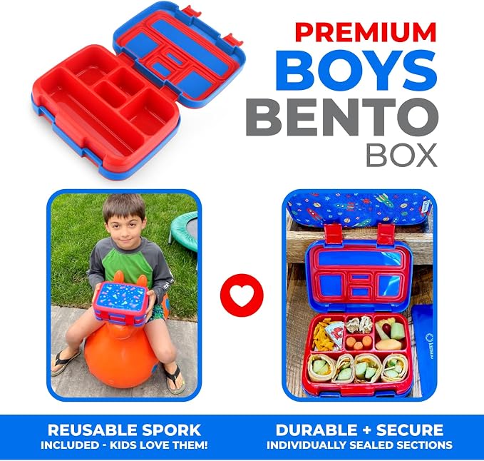 kinsho Bento Lunch Box Container for Small Kids, Boys, (Blue Space Rockets) | 5 Portion Sections, BPA-Free Spill-Proof Leakproof Removable Plastic Tray, Snacks and Lunches for Toddlers Pre-School Daycare
