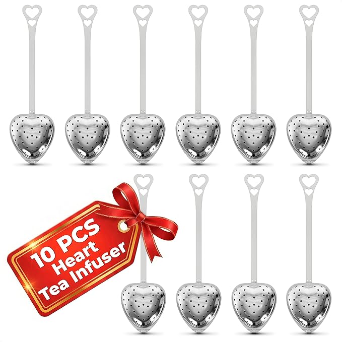 10 Pcs Heart Tea Infuser, 5.52 Inch, Stainless Steel Steeper | Heart Tea Strainer Bulk; Rust-Resistant; Dishwasher Safe; Secure Clasp, Easy Brewing Design; for Parties & Gifting
