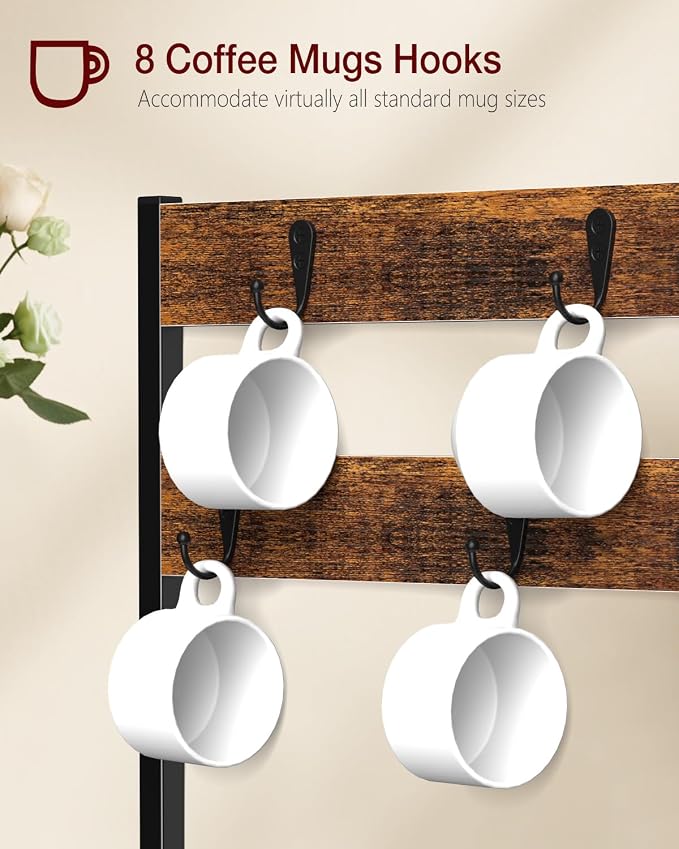 Evermagin K Cup Holder, Coffee Pod Holder Compatible with Keurig | K cup organizer for 35 Pods, Coffee Station Organizer for Countertop with 8 Mug Hooks, Easy Assembly, Rustic Brown