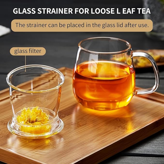 DOPUDO Large Glass Tea Cup, 34 oz Borosilicate Glass Tea Mug with Infuser and Lid, 1000ML Clear Tea Cups for Brewing Scented Tea and Tea Bag.