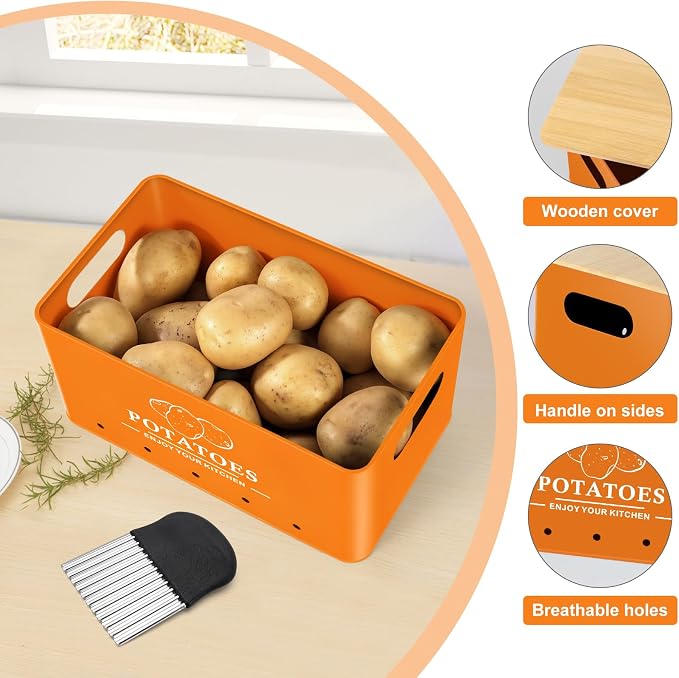 Kitchen Vegetable Storage Set of 3, Metal Onion Garlic Potato Storage Set, Kitchen Canisters Vegetable Keeper Containers with Aerating Holes and Bamboo Lid,Orange