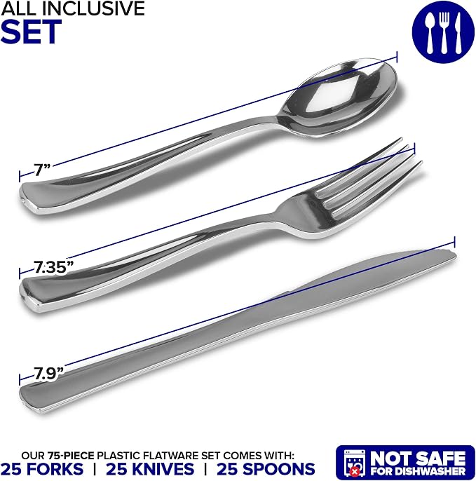 75 Pieces Heavy Duty (Silver) Plastic Silverware Set, Disposable Cutlery Set, Great for Parties, Weddings, and Catering, Flatware Utensils Included: 25 Forks, 25 Spoons, 25 Knives, Stock Your Home