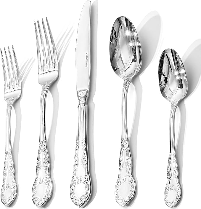 60-Piece Vintage Silverware Set, 18/10 Stainless Steel Flatware | Retro Utensils, Cutlery Set, Mirror Polished Finish, Dishwasher Safe, for Home, Wedding & Housewarming Gift