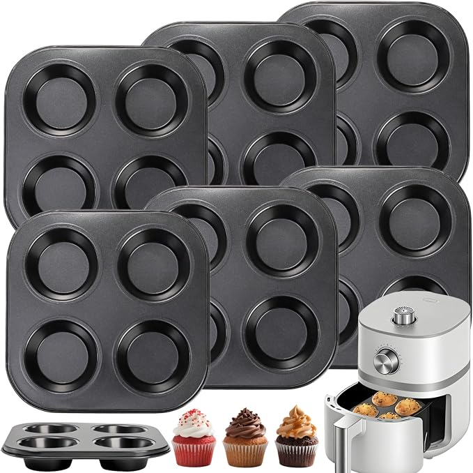 6 Pack Air Fryer Muffin Pan, 4 Cup Non-Stick Baking Pan | Carbon Steel Small Oven Muffin Tin, Round Cupcake Bakeware Cake Mould for Egg Muffin, Quiches, Frittatas