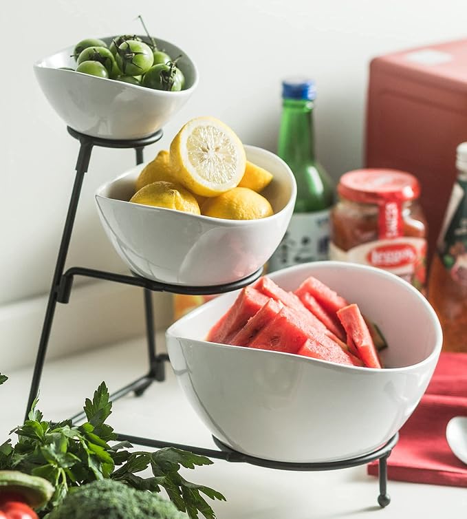 YHOSSEUN 3 Tier Serving Stand with 3 Oval Porcelain Serving Bowl Set | Chip and Dip Serving Dishes For Entertaining, Party, Tiered Sering Tray with Collapsible Thicker Sturdier Metal Rack, Black