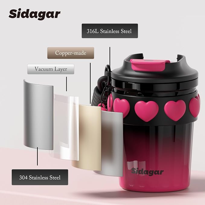 SDGA+ 12 OZ Travel Coffee Mug with Lid Spill Proof Leak Proof, Stainless Steel Thermal Coffee Tumbler for Hot and Cold, Resuable Insulated Coffee Cup For Women, Black and Pink