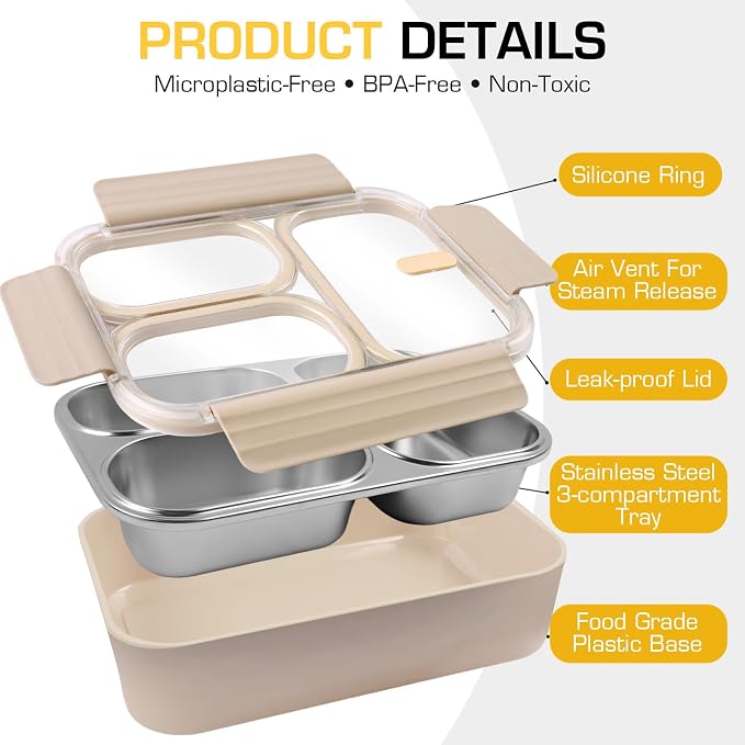 Stainless Steel Lunch Box, 3 Compartments Metal Bento Box for Kids, 25oz Lunch Container with Leakproof Lid, Divided Meal Prep Box for Adults, Kids - Ideal for Office, School, Healthy Eating