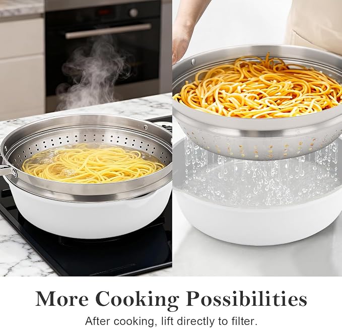 AIKENBBKK 12 Inch Ceramic Frying Pan Skillet with Steamer, Nonstick Saute Pan with Lid, Steamer Pan for Cooking, Induction Compatible, Detachable Handle, Oven Safe, PFAS PFOA & PTFE Free, White