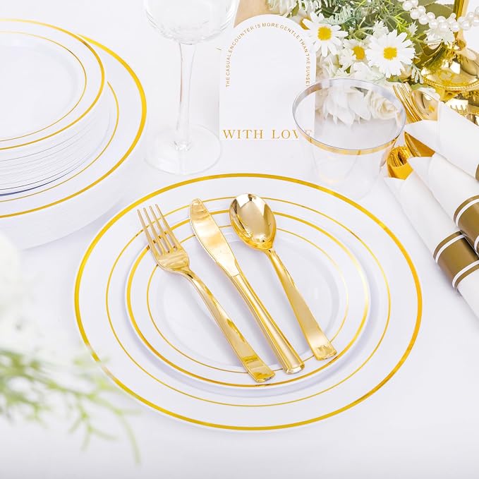 DaYammi 210PCS Gold Plastic Dinnerware Set Gold Plates Disposable Disposable Plates for Party Include: 30 Dinner Plates,30 Dessert Plates,30 Pre Rolled Napkins with Gold Silverware,30 Cups for Wedding