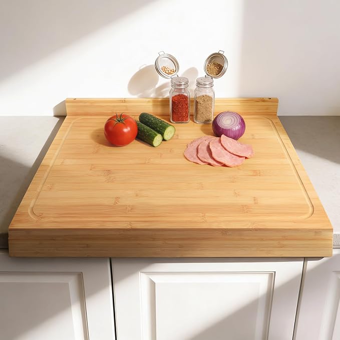 BAMOTTO CRAFTBAMBOO Extra Large Bamboo Cutting Board Noodle Board 24"x18" | Detachable Front Lip & Backsplash | Double-Sided Juice Grooves | Sink Cover | Stove Cover | Carving Board | Natural Bamboo