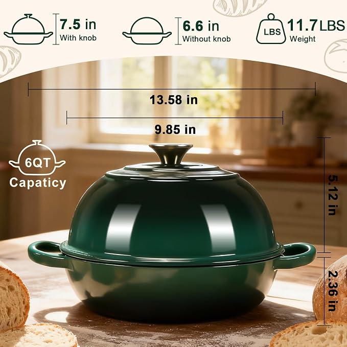AHJ 6QT Enameled Cast Iron Dutch Oven for Sourdough Bread Baking | 7-Layer Construction Bread Oven with Proofing Basket, Silicone Sling and Mitts; Steam-Locking Dome, 500°F Safe, Green