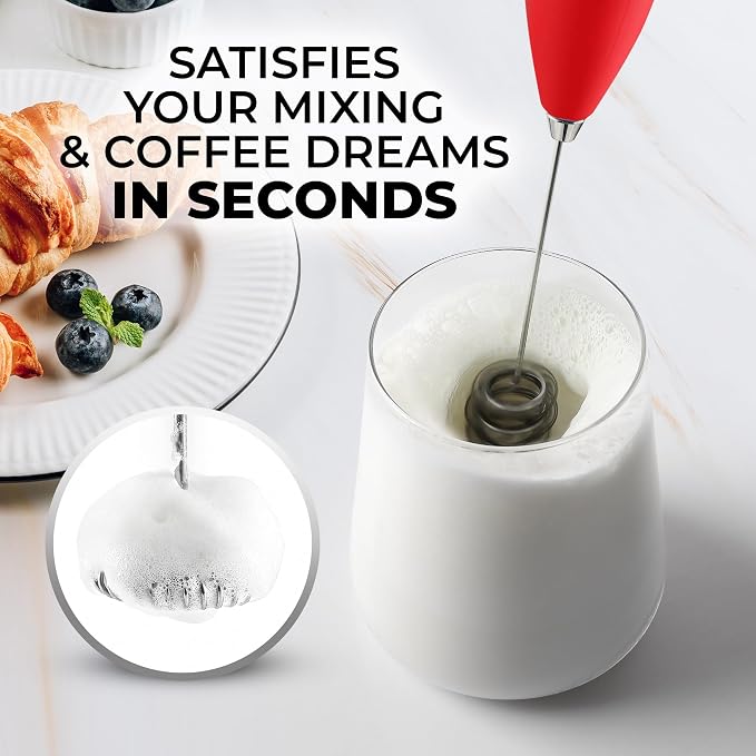 Zulay Kitchen Powerful Milk Frother Wand With Duracell Batteries - Ultra Fast Handheld Drink Mixer - Electric Whisk Foam Maker for Coffee, Lattes, Cappuccino & Matcha - Triple Whisk - Maroon Red