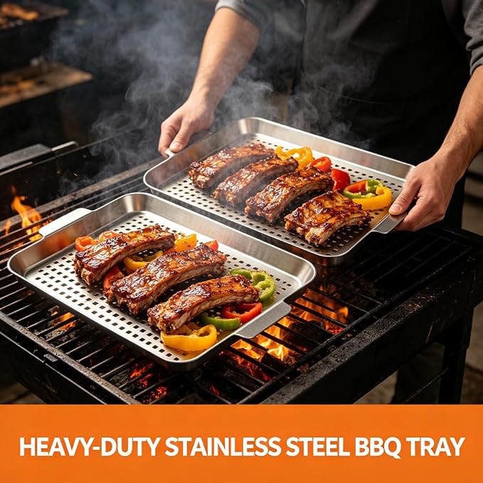 2PCS Grill pan, BBQ Grill Topper for Outdoor Grill with Hole, Stainless Steel, suitable for picnicking, camping, yard (2 pieces)
