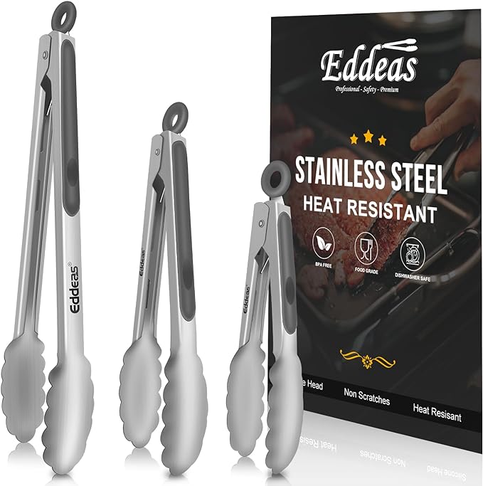 EDDEAS Tongs For Cooking - Heat Resistant 600 Degrees Stainless Steel Kitchen Tong,Heavy Duty Metal Locking Tongs - Perfect for Food, BBQ set of 3 (7",9" and 12") Grey