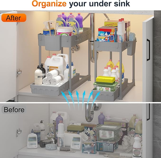 4-Pack 2-Tier Under Sink Organizer with Pull Out Drawers | Multi-use kitchen & bathroom storage. Includes hanging hooks and cups. Gray, space-saving cabinet design. 14.8 Inch
