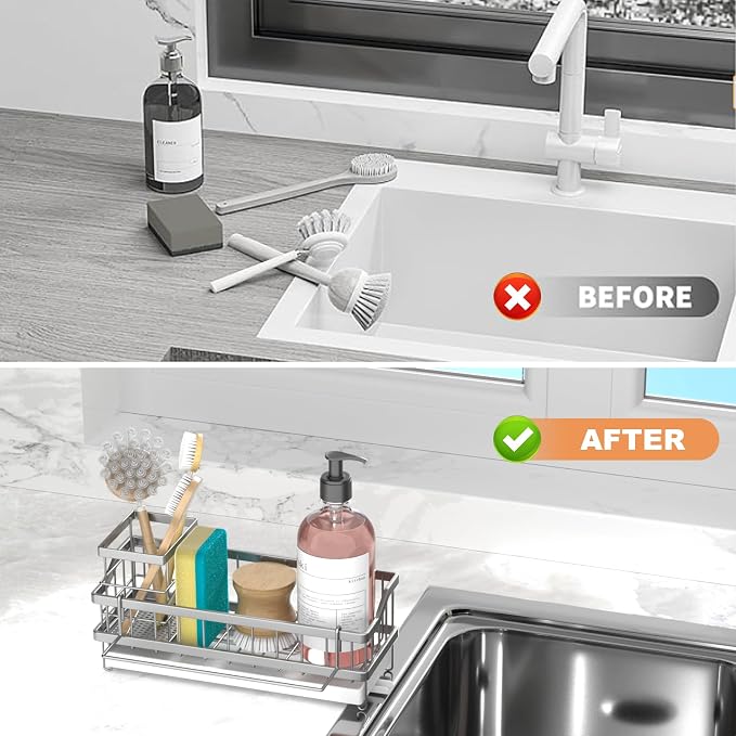 Sponge Holder for Kitchen Sink - Kitchen Accessories (Silver) | Countertop Rustproof Stainless Steel, Sink Caddy