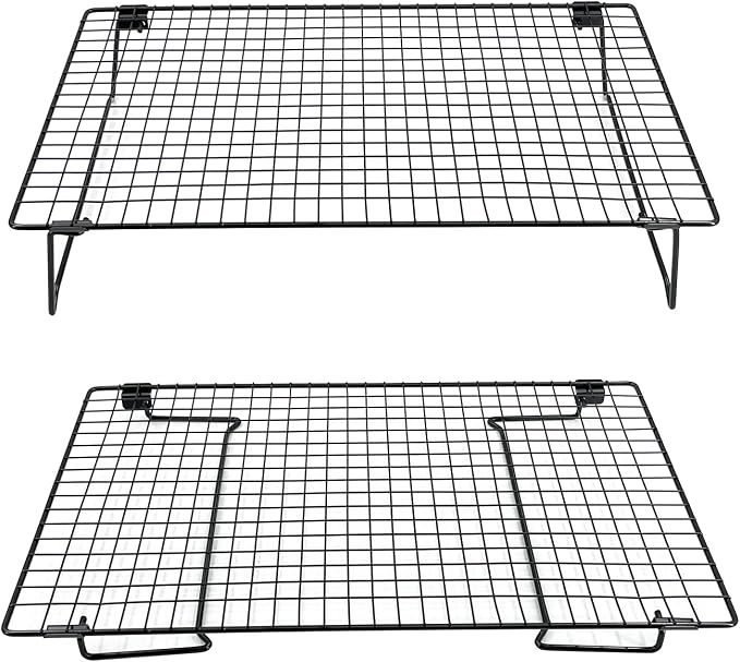2-Pack 16.9x11inch Cooling Rack with Collapsible Legs & Food Tongs | Folding Cooking Baking Grilling Rack for Oven, Drying, Roasting (Black)