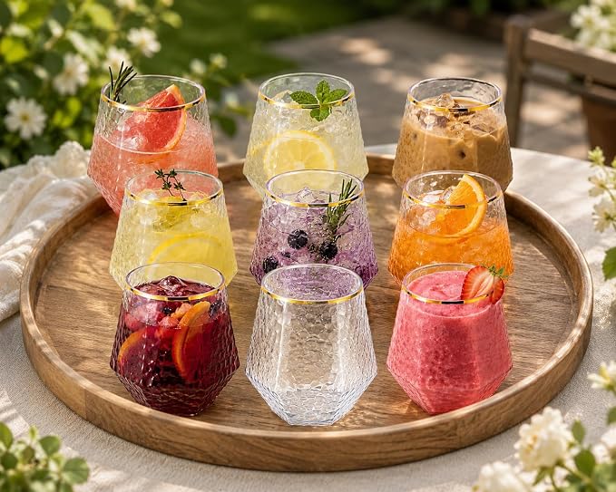 40 Pack Disposable Plastic Wine Glasses 12oz Diamond Gold Rim Stemless | Shatterproof BPA-Free Reusable Recyclable, Cocktail Whiskey Champagne Cups, Unbreakable Hammered, for Wedding Party Birthday