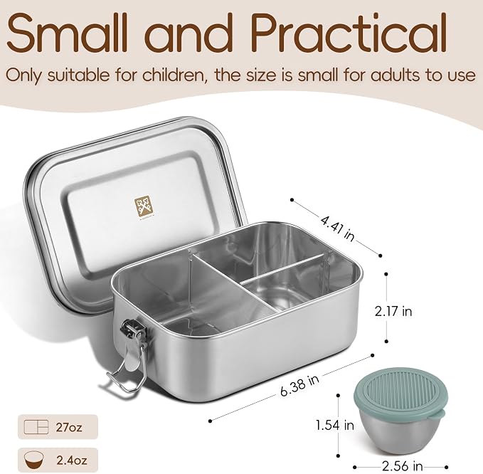 GOLDEN KEY 27oz Stainless Steel Bento Box for Kids,Too Small for Adult Use | 800ml Stainless Steel Lunch Box with Leakproof Condiment Container,3 Compartment Snack Containers,Freezer & Dishwasher Safe