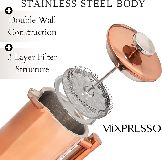 Mixpresso French Press Coffee Maker, 26 Oz Stainless Steel Coffee Press | Double wall insulated stainless steel French Press with durable filter for coffee or loose leaf tea, easy to press and clean