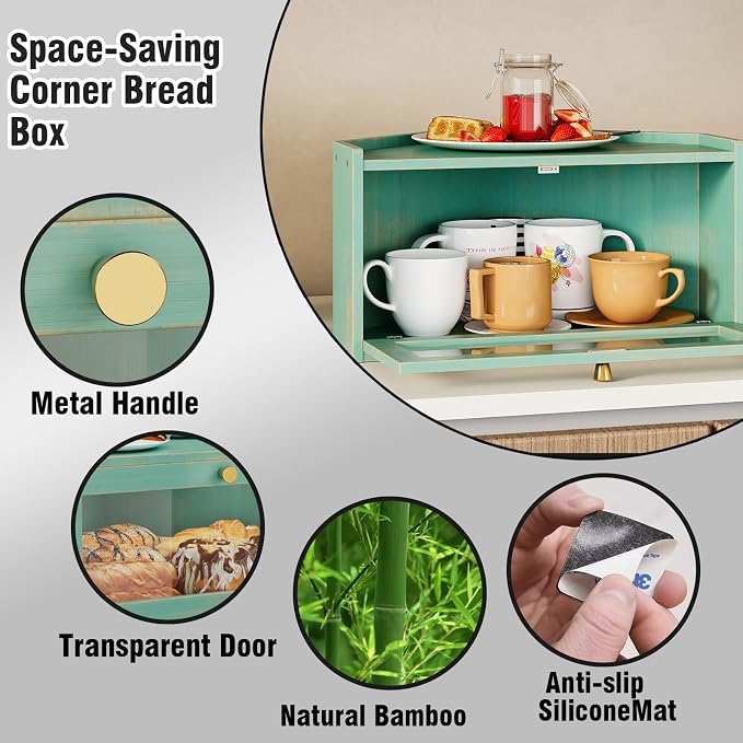 Trironsun Corner Bamboo Bread Box for Kitchen Counter Large Rustic Bread Storage Container with Acrylic Door Space-Saving Vintage Bread Keeper for Homemade Bread (Antique Blue)