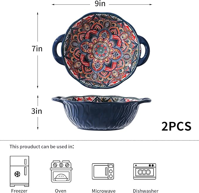 2 Pack Boho Ceramic Serving Bowls with Handles, 40 Oz Porcelain Salad Bowls, Large Serving Dishes for Entertaining, Mixing Bowls for Soup, Stew, Pasta, Cereal, Colorful Embossed Cute Bowls Set ALDS
