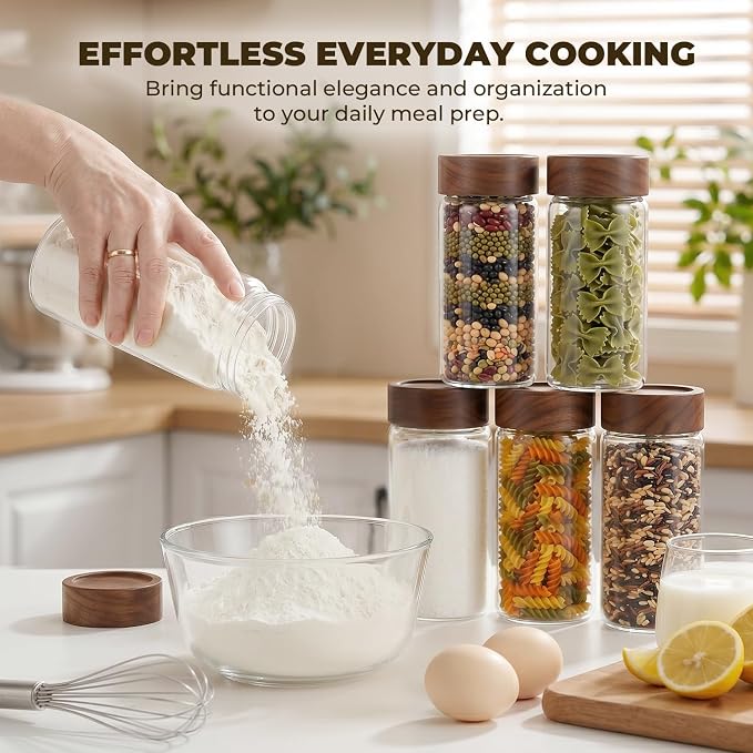 4 Pack 13 oz Glass Spice Jars with Airtight Wood Lids - 15cm Tall Small Storage Food Containers with Labels for Pantry Organization, Herb, Seasoning, Sugar, Coffee Bean, Tea