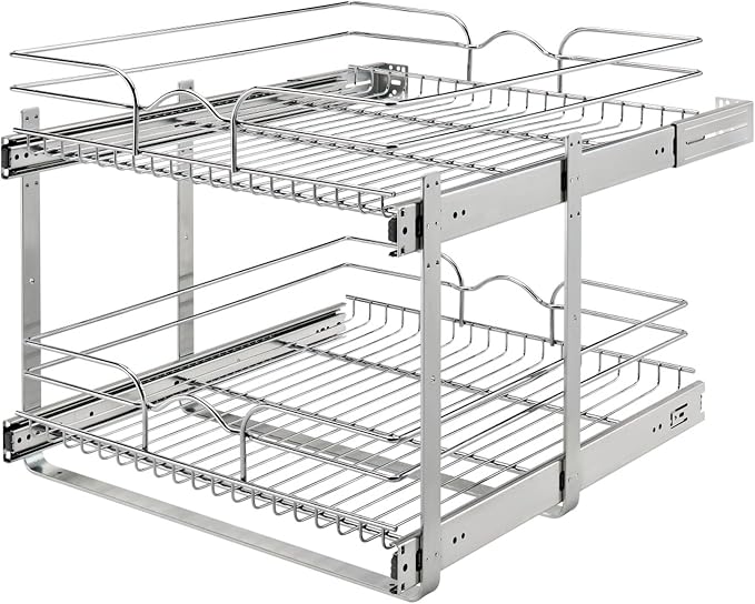Rev-A-Shelf Pullout Organizer for Cabinets, Min Opening Width of 24" | Two-Tier Steel Shelf for Kitchen or Vanity Cabinet Organization, Heavy Gauge Wire Slide Out Storage Basket, 5WB2-2422-CR-1
