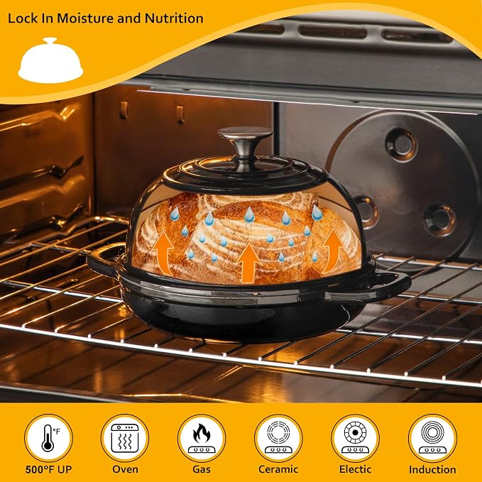 Velaze 5 QT Enameled Cast Iron Dutch Oven for Bread Baking with Dome Lid | Traps Steam for Crispy Artisan Sourdough Bread,Oven Safe,Ergonomic Handles,Gift for Bakers and Bakery Style Loaves,Black