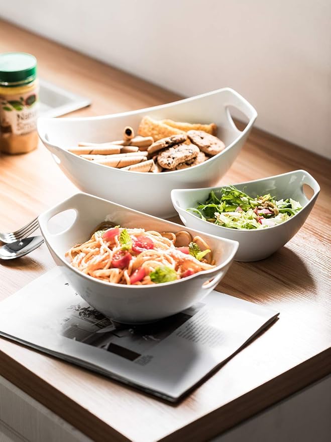 LAUCHUH Serving Bowls with Handles, Porcelain Serving Dishes Nesting Bowls | Mixing Bowls Set Salad Bowls for Entertaining, Thanksgiving, Baby Shower, Party, Set of 3, Microwave Safe, 15/28/49 oz, White