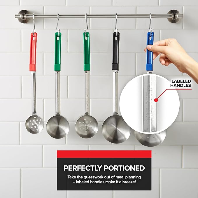 Portion Control Serving Spoons (Set of 8), Slotted & Unslotted Portion Scoops for Food, Heavy Duty Stainless Steel Utensils for Portion Control, 2, 4, 6, and 8oz Scoops for Portion Perfection