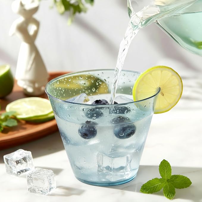 Glowserve 9 OZ Blue Disposable Plastic Cups Cocktail Cup 150 Pack | Fancy Cocktail Cup,Stemless Wine Glass,Wedding Wine Glasses,Graduation Birthday,World Cup,Party Essentials