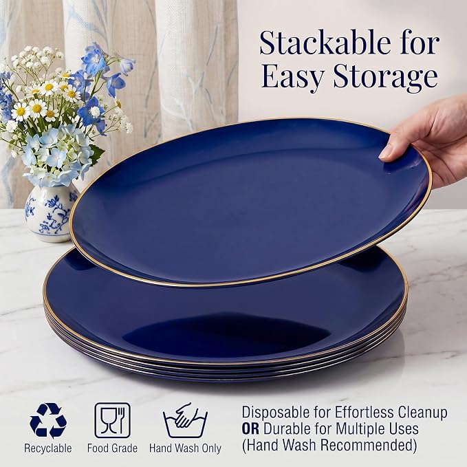 6PCS Oval Blue Plastic Plates - 10"x12" Navy Blue and Gold Plastic Platters - Heavy Duty Oval Disposable Serving Trays for Parties/Birthday/Weddings/Catering/BBQ