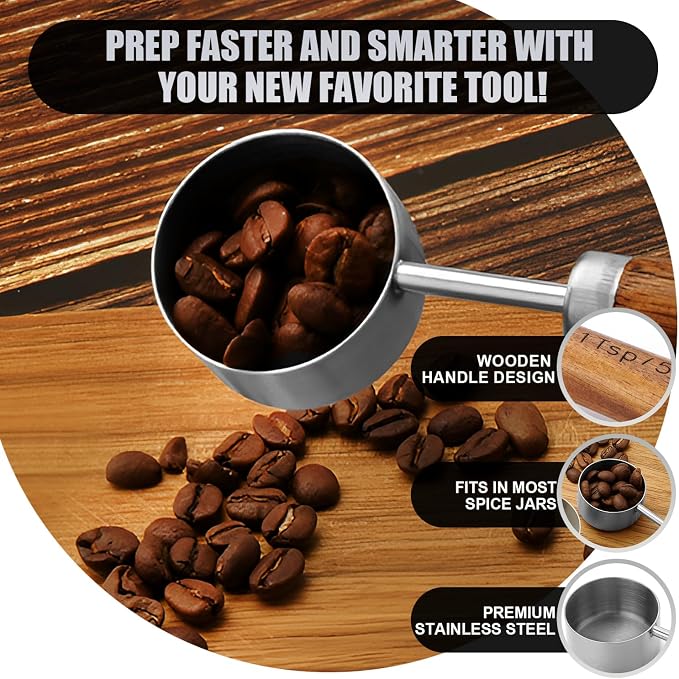 SHIKORI Measuring Cups and Spoons Set with Wood Handles 8-Pieces | Premium Stainless Steel Measuring Spoons and Measuring Cups Set,Engraved Marks Never Fade,for Baking,Cooking(Silver)