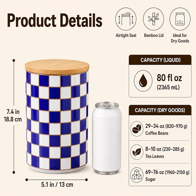 Kitchen Countertop Ceramic Checkered Canisters,Black And White Food Storage Containers With Lid,Airtight Kitchen Canisters for Flour, Sugar, Coffee, Tea, and Dry Goods (Blue, XL)
