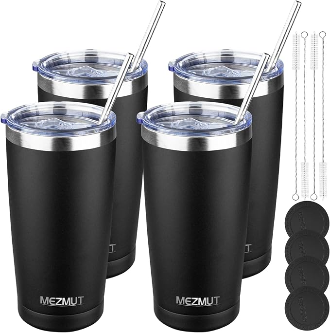 MEZMUT 20oz Insulated Tumbler Cup Travel Coffee Mug with Lid(Black,4 Pack) | Stainless Steel Double Wall Vacuum Spill Proof Metal Tumbler Bulk with Lid and Straw, Hot or Iced Coffee Cup for Man Women