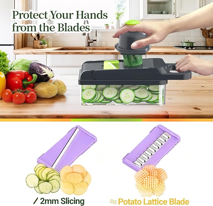 12-in-1 Vegetable Chopper 7 Blades, Veggie Cutter with Handle, Black/Purple | Stainless Steel Blades, Food Container and Lid, Dicer, Slicer, Julienne, Egg Separator, Non-slip Base, Include Cleaning Tools