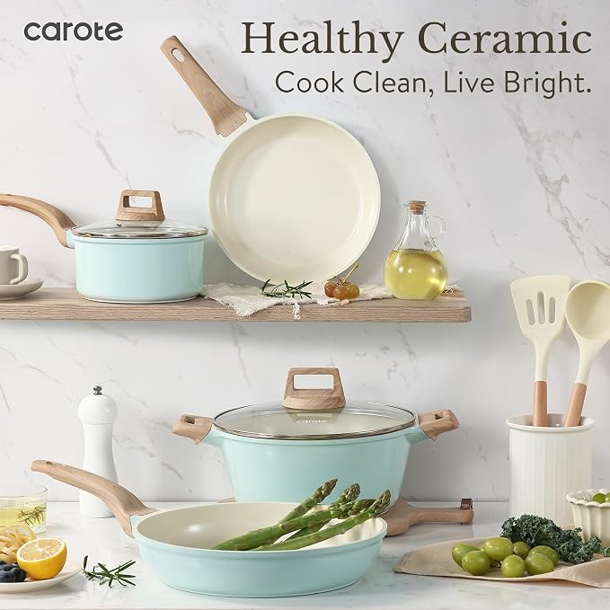 CAROTE 21pcs Ceramic Cookware Sets, Pots and Pans Set Blue | Non-Toxic, Healthy Kitchen set, Induction Compatible, Easy Clean, Even Heating, PFAS FREE